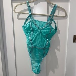 Turquoise lingerie bodysuit, adjustable straps, new - never been worn, mesh